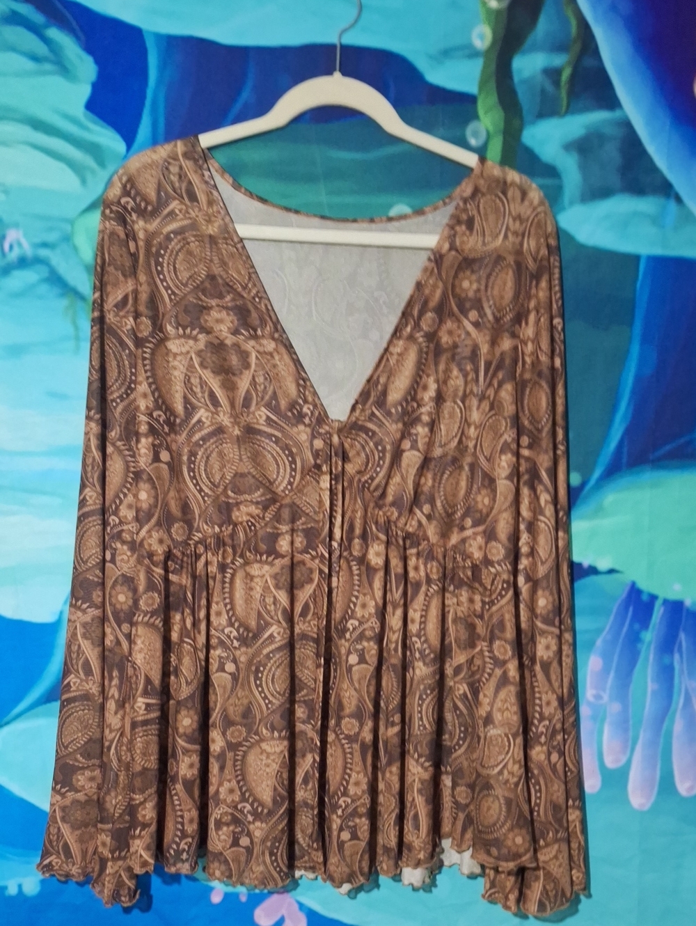 SHEIN Brown Paisley Tie-Front V-Neck Peasant Blouse